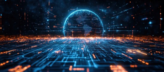 Futuristic Digital Earth with Glowing Network Connections and Data Streams in a High-Tech Virtual Space