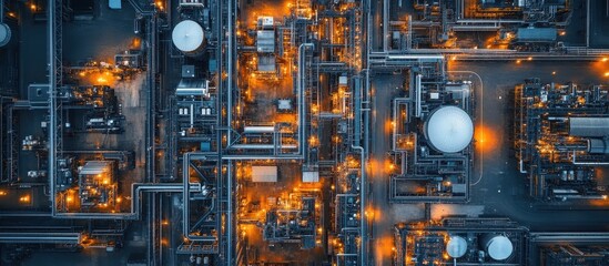 Aerial View of Industrial Complex with Illuminated Pipes and Machinery at Night