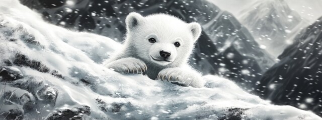 Fototapeta premium Polar bear cub, with soft white fur, playing in the snow, bright Arctic light