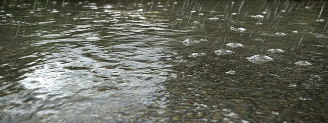 Obraz premium Rainfall over lake, ripples on water surface, gray overcast sky