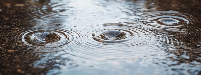 Rain-filled puddles, reflective surface, soft ripples, overcast lighting