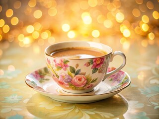 Fototapeta premium Softly focused lens captures dreamy morning scene with flower-patterned demitasse cup containing rich coffee blended with velvety milk against pastel-colored backdrop
