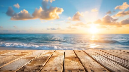 Fototapeta premium Wood table top on blur sparkling sea water and summer sky background.