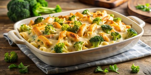 Creamy broccoli and chicken pasta bake with a crispy golden topping, warm golden lighting, comforting, homely, everyday mood