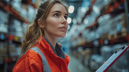 manager woman in reflective safety clothes holding clipboard,documents controlling goods in warehouse