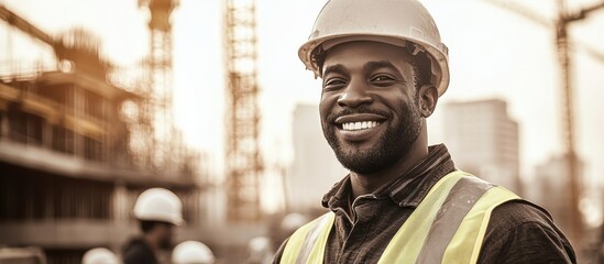 Smiling Construction Worker in Safety Gear at a Building Site with Urban Background