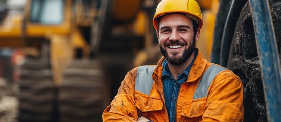 Fototapeta premium Smiling Construction Worker in Safety Gear Standing in Front of Heavy Machinery at Construction Site