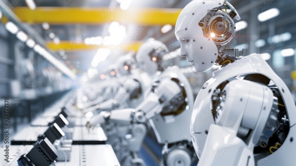 Poster Group of robots assembling a machine in a factory