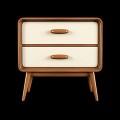 High-Resolution Retro Chest of Drawers with Three Compartments in White and Brown, Isolated on a Black Background for Modern Home Decor.

