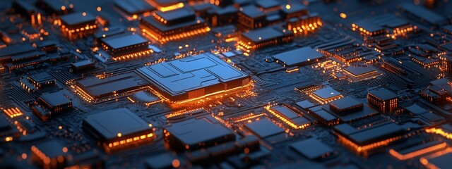 Tech lines, electric blue and orange, sharp angles, glowing edges