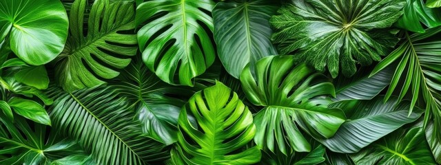 Tropical leaves, lush greens, overlapping fronds, bright daylight