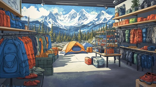 illustration of sporting goods store with racks of hiking boots, backpacks, and tents, with a mural of mountains in the background