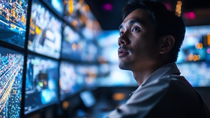 Fototapeta premium Man monitoring multiple screens with data and information in a dark room.