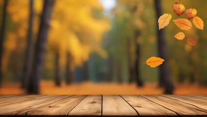 Autumn fall background with a wooden table top and blurred forest with leaves falling