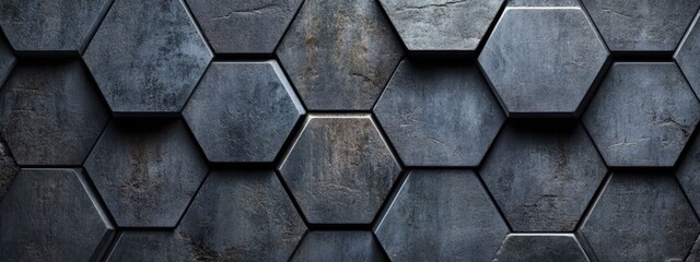 3D hexagons, dark steel tones, polished surface, spotlight from above
