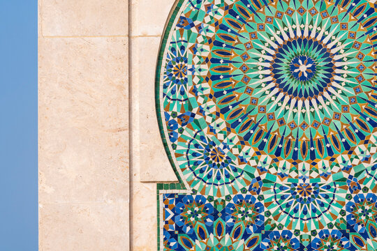 Africa, Morocco, Casablanca. Close-up of tile designs on mosque exterior. 