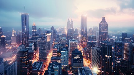 Obraz premium Majestic city skyline featuring towering skyscrapers and illuminated buildings at dusk, with a soft glow from the city lights.