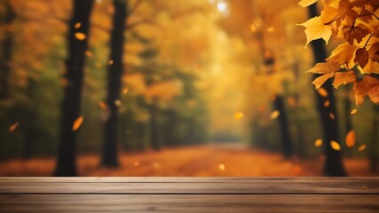 Autumn fall background with a wooden table top and blurred forest with leaves falling