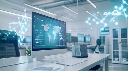 Fototapeta premium Modern Workspace. High-tech office environment with a sleek desk.