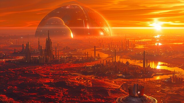 A futuristic cityscape bathed in an orange sunset features tall skyscrapers, domed structures, and sprawling urban areas, ideal for sci-fi or futuristic themes in media and promotional material,