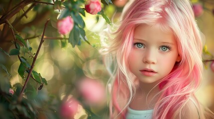 Girl 8 Portrait: Beautiful Young Female with Pink Hair in Summer Garden