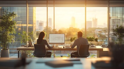 Thai architect and engineer collaborating on a digital blueprint in a modern office, with large windows and city views--p