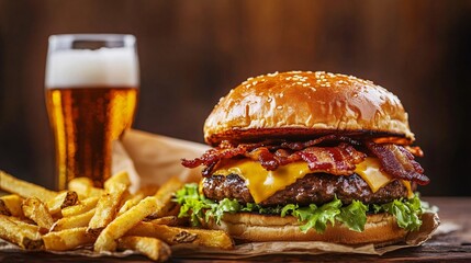 An appealing burger set with a crispy bacon cheeseburger featuring a juicy beef patty, crispy bacon, melted cheddar cheese, and a tangy barbecue sauce, all in a toasted bun. The set includes a side