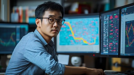 Fototapeta premium Focused businessman working on computer with charts and graphs.