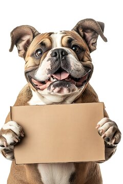 A full-body image of a happy English bulldog holding a blank cardboard sign in its paws, isolated on white, with a focused and engaged expression