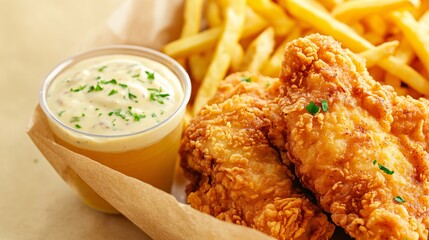 A flavorful fried chicken set showcasing crispy chicken tenders with a side of creamy ranch sauce. The set includes a portion of golden fries and a chilled root beer float. The background is a