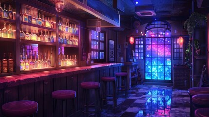 The interior of a modern anime-inspired bar showcases vibrant lighting, a sleek counter, and a cozy ambiance for guests