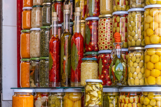 Morocco, Marrakech. Olive jars for sale