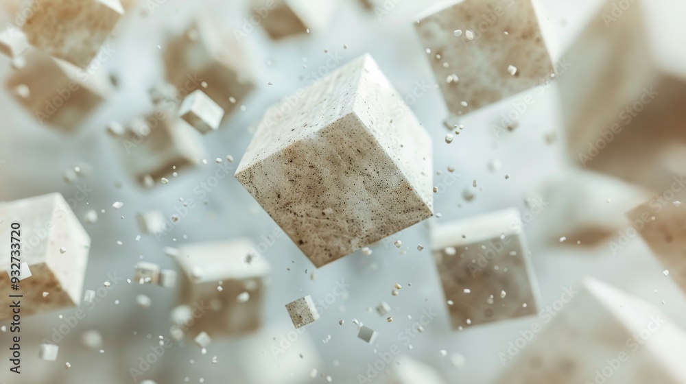 Poster playful arrangement of cubic shapes in different textures and sizes drifting against a blurred, ligh