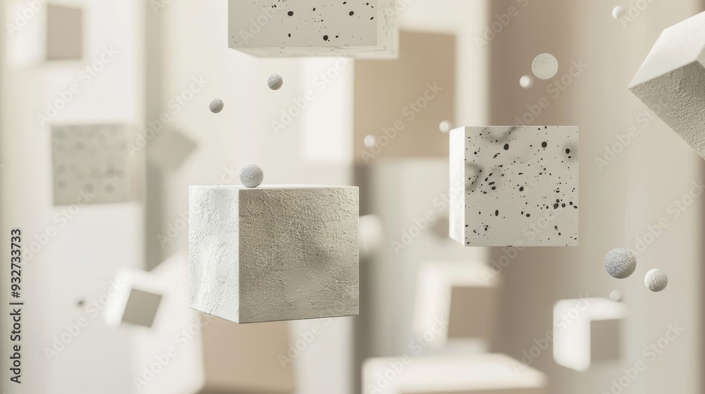 Poster playful arrangement of cubic shapes in different textures and sizes drifting against a blurred, ligh