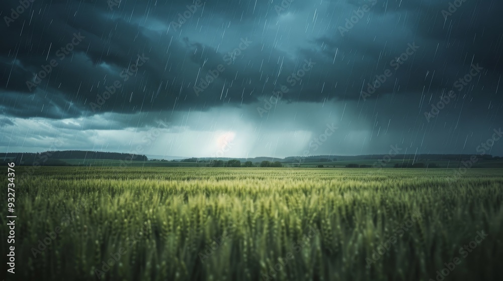 Poster rainy weather over a rural field with dark clouds above and rain falling steadily, blurring the hori