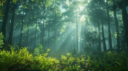 Obraz premium morning in the forest with mist and sun rays trough the trees.