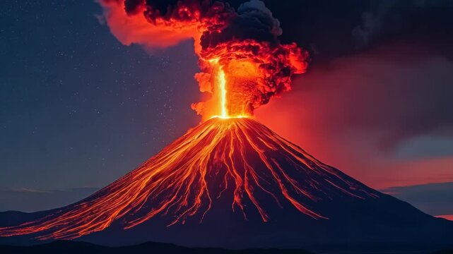 Active volcano erupts spectacularly at night. Bright orange lava and ash explode from the cone, illuminating the dark landscape. Fiery streams flow down the slopes.