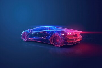 Futuristic Polygonal Car Design, an abstract vector illustration showcasing a sleek modern vehicle in vibrant geometric shapes against a deep blue backdrop, emphasizing innovation and style.