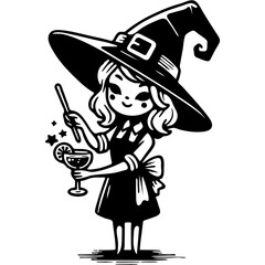 Bartender dressed as Halloween witch prepares cocktail in monochrome. Simple minimalistic vector in black ink drawing on transparent background