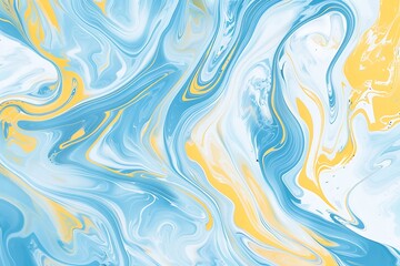 Obraz premium Abstract background with a swirling liquid marble pattern in pastel blue and yellow colors, on a white background, 