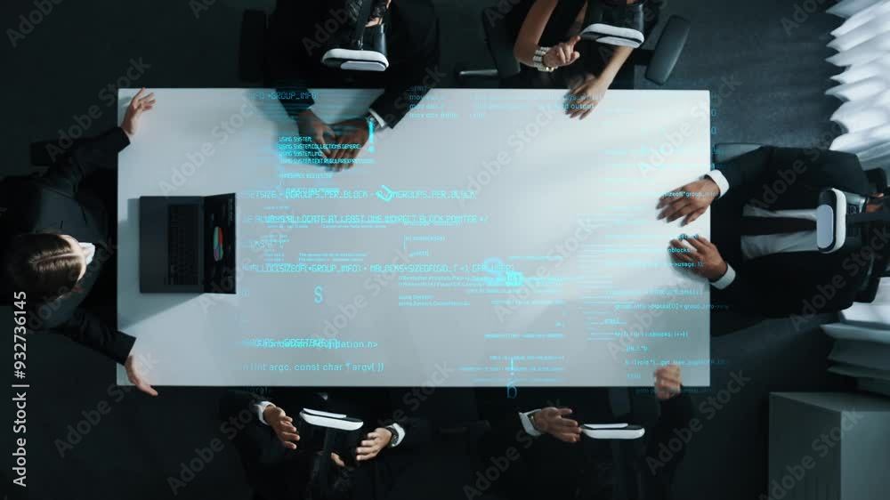 Poster top view of diverse data analysts wearing vr headsets stands coding program holographic while using 