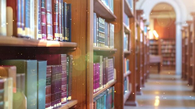 books on a bookshelf in a library seamless looping overlay 4k virtual video animation background