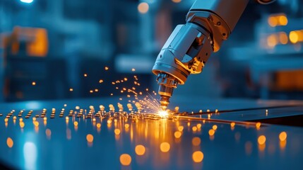 A robotic arm conducts precise metal cutting with sparks flying, showcasing advanced technology in an industrial environment.