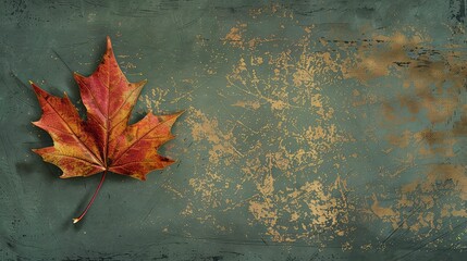 A single brown maple leaf with a textured green background with gold flecks.