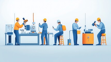 A team of engineers working collaboratively in a modern workshop, utilizing various tools and equipment for precision tasks.