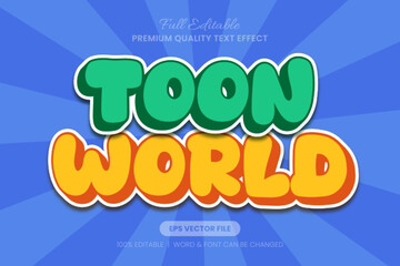 Toon World editable text effect, fun and playful design font graphic style for cartoon related projects and childrens content.