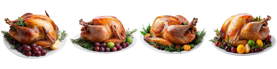 Delicious roasted turkey with garnishes served on plates for festive celebration