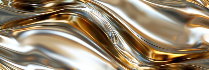 Gold Reflection on Silver Mercury-Looking Background with Shiny Curve and Graphic Element