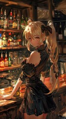 Obraz premium A stylish bartender stands at a modern bar, surrounded by an array of colorful liquor bottles illuminated warmly in the evening