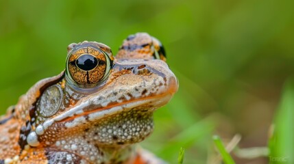 Obraz premium A frog is sitting on a mossy rock. The frog is green and brown. The moss is green and fuzzy